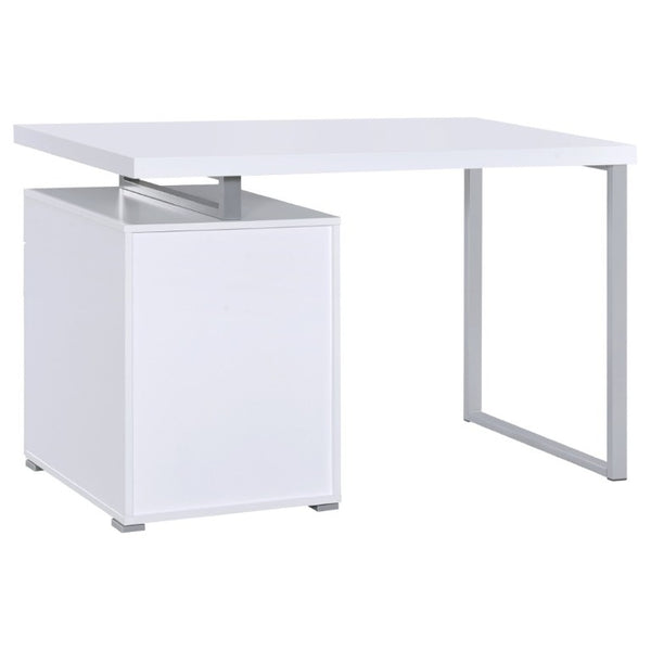English Elm White Home Office Desk with Reversible Three Drawer Tower and Sleek Metal Legs White B2777P535890