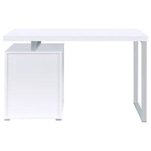 English Elm White Home Office Desk with Reversible Three Drawer Tower and Sleek Metal Legs White B2777P535890