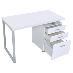 English Elm White Home Office Desk with Reversible Three Drawer Tower and Sleek Metal Legs White B2777P535890
