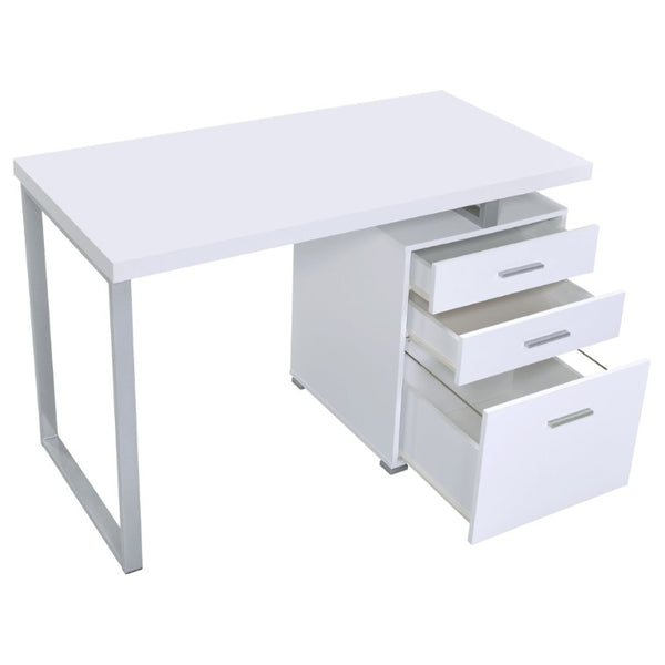 English Elm White Home Office Desk with Reversible Three Drawer Tower and Sleek Metal Legs White B2777P535890