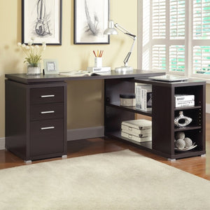 English Elm Tona Corner L-Shaped Home Office Desk with Three Drawers and Open Shelving Cappuccino B2777P535893