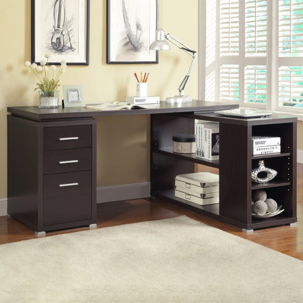 English Elm Tona Corner L-Shaped Home Office Desk with Three Drawers and Open Shelving Cappuccino B2777P535893