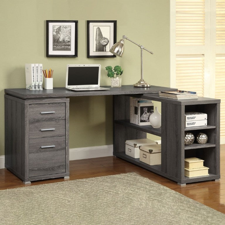 English Elm Tona Corner L-Shaped Home Office Desk with Three Drawers and Open Shelving Grey B2777P535894