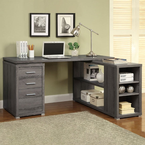 English Elm Tona Corner L-Shaped Home Office Desk with Three Drawers and Open Shelving Grey B2777P535894