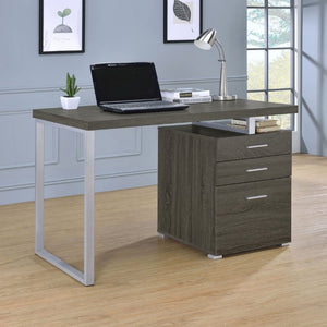English Elm White Home Office Desk with Reversible Three Drawer Tower and Sleek Metal Legs Weathered Grey B2777P535896
