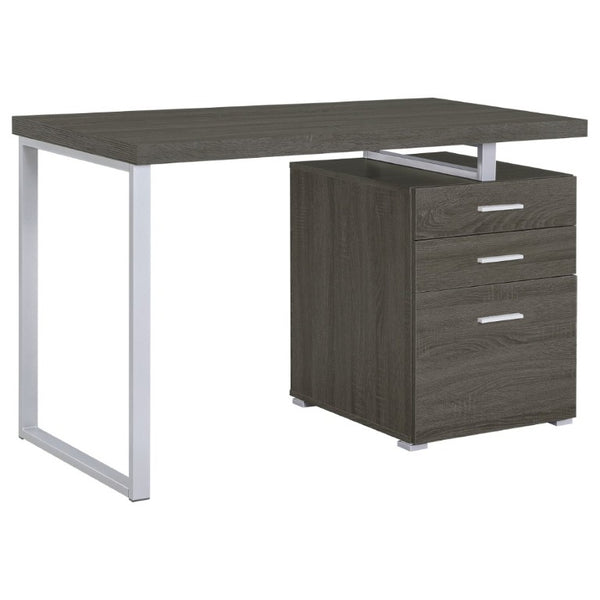 English Elm White Home Office Desk with Reversible Three Drawer Tower and Sleek Metal Legs Weathered Grey B2777P535896