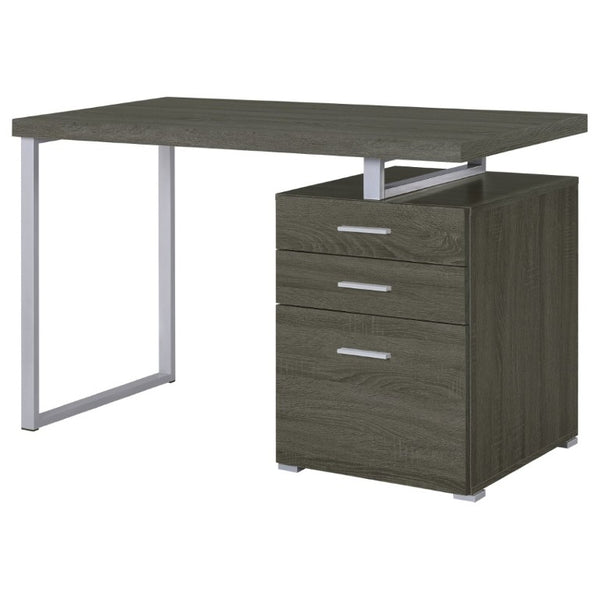 English Elm White Home Office Desk with Reversible Three Drawer Tower and Sleek Metal Legs Weathered Grey B2777P535896