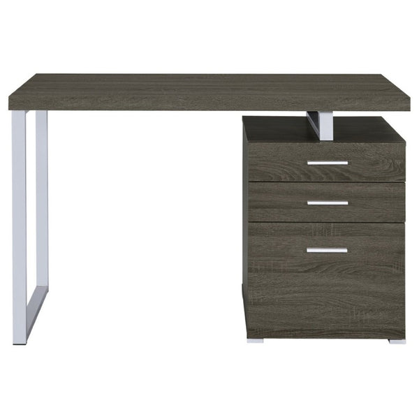 English Elm White Home Office Desk with Reversible Three Drawer Tower and Sleek Metal Legs Weathered Grey B2777P535896