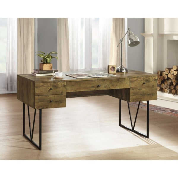 English Elm Sonoma Four Drawer Writing Desk with Metal Legs and Weathered Industrial Rustic Finish Nutmeg Brown B2777P535901