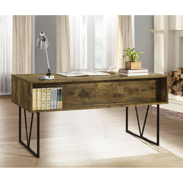English Elm Sonoma Four Drawer Writing Desk with Metal Legs and Weathered Industrial Rustic Finish Nutmeg Brown B2777P535901