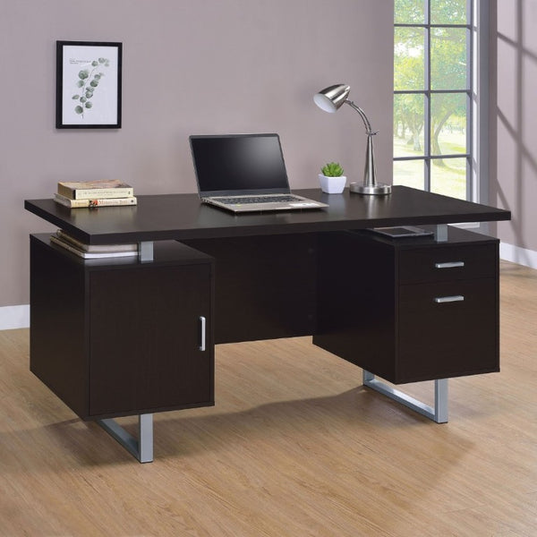 English Elm Cappuccino Floating Top Writing Desk with Steel Legs and File Drawer for Home Office B2777P535904