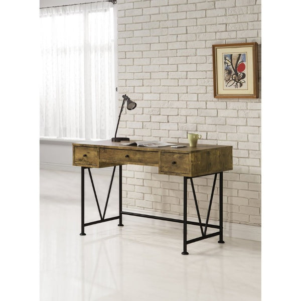 English Elm Antique Nutmeg Finish Writing Desk with Black Steel Frame and Three Storage Drawers B2777P535905