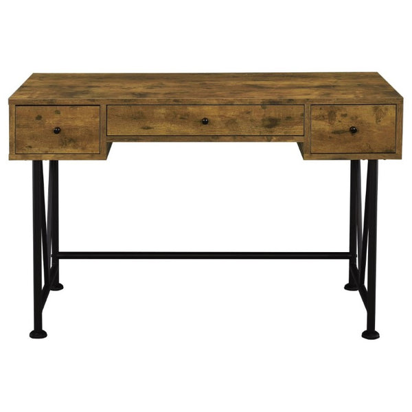 English Elm Antique Nutmeg Finish Writing Desk with Black Steel Frame and Three Storage Drawers B2777P535905