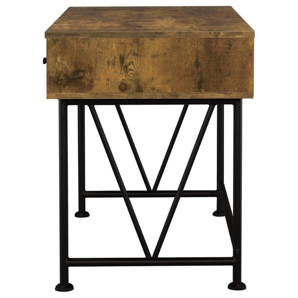English Elm Antique Nutmeg Finish Writing Desk with Black Steel Frame and Three Storage Drawers B2777P535905