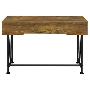 English Elm Antique Nutmeg Finish Writing Desk with Black Steel Frame and Three Storage Drawers B2777P535905