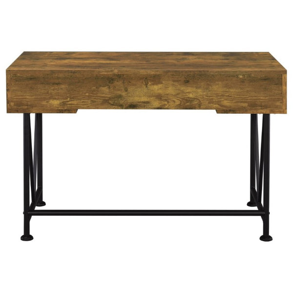 English Elm Antique Nutmeg Finish Writing Desk with Black Steel Frame and Three Storage Drawers B2777P535905