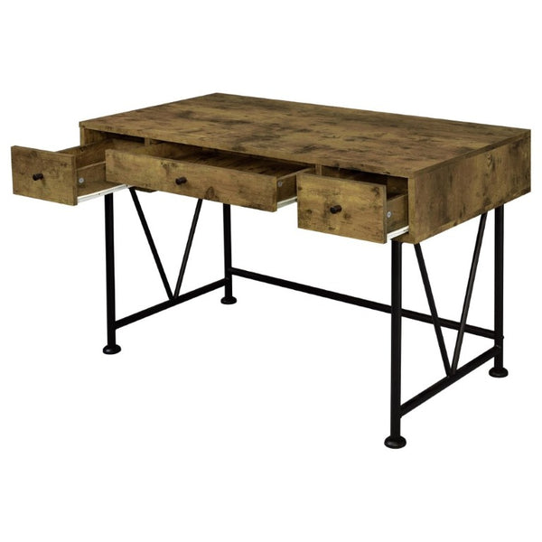 English Elm Antique Nutmeg Finish Writing Desk with Black Steel Frame and Three Storage Drawers B2777P535905