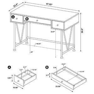 English Elm Antique Nutmeg Finish Writing Desk with Black Steel Frame and Three Storage Drawers B2777P535905