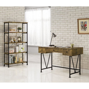 English Elm Antique Nutmeg Finish Writing Desk with Black Steel Frame and Three Storage Drawers B2777P535905