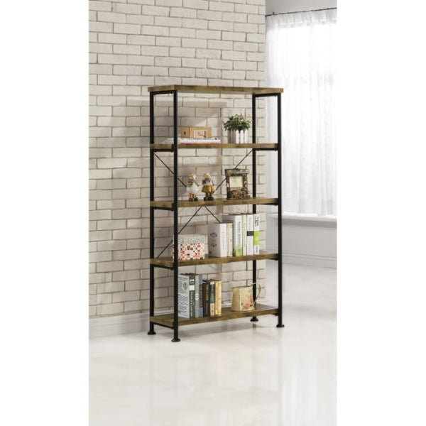 English Elm Antique Nutmeg Industrial Four Shelf Bookcase with Metal Frame for Home Office Brown B2777P535906