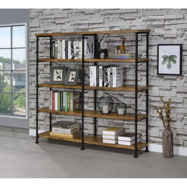English Elm Antique Nutmeg Four Shelf Double Wide Bookcase with Industrial Pipe Metal Frame Brown B2777P535907