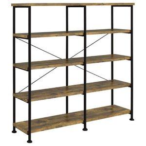 English Elm Antique Nutmeg Four Shelf Double Wide Bookcase with Industrial Pipe Metal Frame Brown B2777P535907
