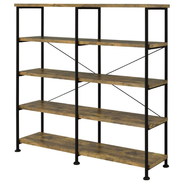 English Elm Antique Nutmeg Four Shelf Double Wide Bookcase with Industrial Pipe Metal Frame Brown B2777P535907