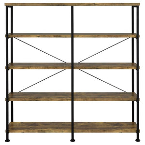 English Elm Antique Nutmeg Four Shelf Double Wide Bookcase with Industrial Pipe Metal Frame Brown B2777P535907