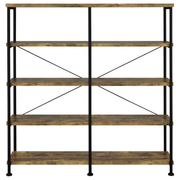 English Elm Antique Nutmeg Four Shelf Double Wide Bookcase with Industrial Pipe Metal Frame Brown B2777P535907