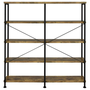 English Elm Antique Nutmeg Four Shelf Double Wide Bookcase with Industrial Pipe Metal Frame Brown B2777P535907