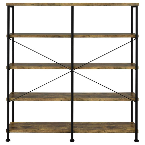 English Elm Antique Nutmeg Four Shelf Double Wide Bookcase with Industrial Pipe Metal Frame Brown B2777P535907