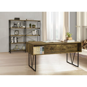 English Elm Antique Nutmeg Four Shelf Double Wide Bookcase with Industrial Pipe Metal Frame Brown B2777P535907