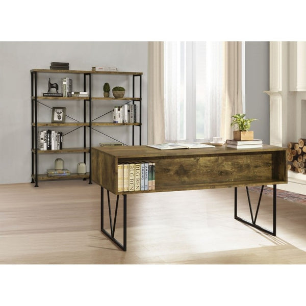 English Elm Antique Nutmeg Four Shelf Double Wide Bookcase with Industrial Pipe Metal Frame Brown B2777P535907