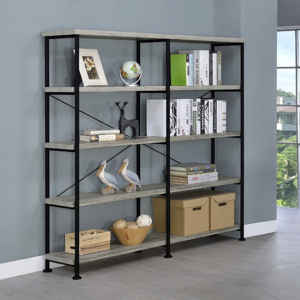 English Elm Antique Nutmeg Four Shelf Double Wide Bookcase with Industrial Pipe Metal Frame Grey B2777P535908