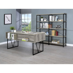 English Elm Antique Nutmeg Four Shelf Double Wide Bookcase with Industrial Pipe Metal Frame Grey B2777P535908