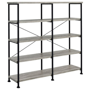 English Elm Antique Nutmeg Four Shelf Double Wide Bookcase with Industrial Pipe Metal Frame Grey B2777P535908