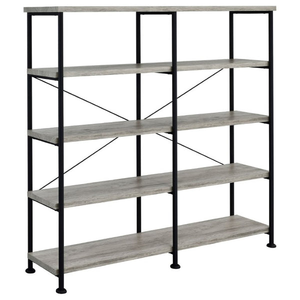 English Elm Antique Nutmeg Four Shelf Double Wide Bookcase with Industrial Pipe Metal Frame Grey B2777P535908