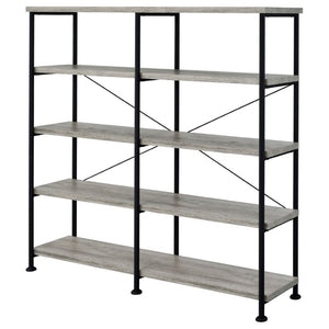 English Elm Antique Nutmeg Four Shelf Double Wide Bookcase with Industrial Pipe Metal Frame Grey B2777P535908