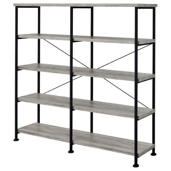 English Elm Antique Nutmeg Four Shelf Double Wide Bookcase with Industrial Pipe Metal Frame Grey B2777P535908