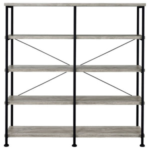 English Elm Antique Nutmeg Four Shelf Double Wide Bookcase with Industrial Pipe Metal Frame Grey B2777P535908