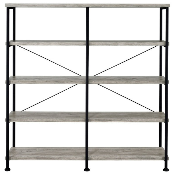 English Elm Antique Nutmeg Four Shelf Double Wide Bookcase with Industrial Pipe Metal Frame Grey B2777P535908