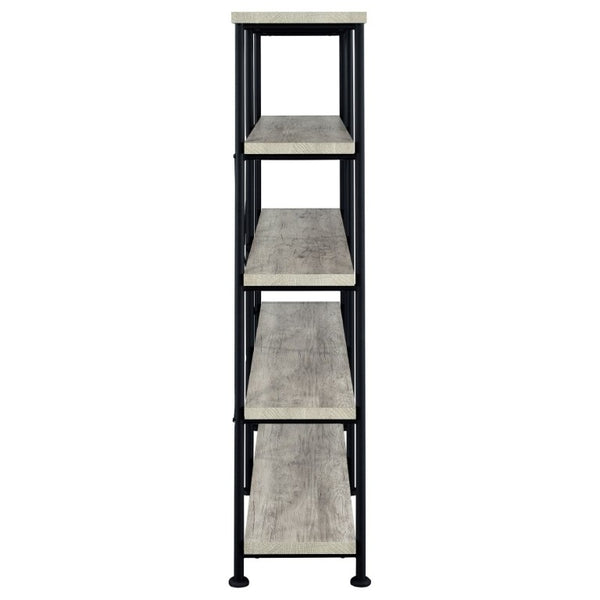 English Elm Antique Nutmeg Four Shelf Double Wide Bookcase with Industrial Pipe Metal Frame Grey B2777P535908