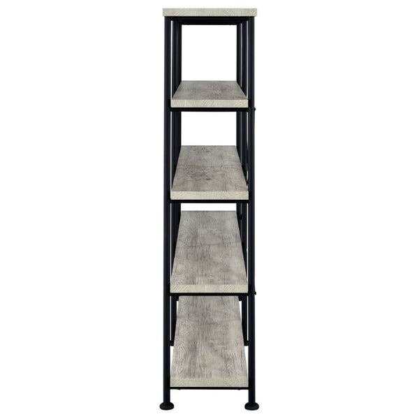 English Elm Antique Nutmeg Four Shelf Double Wide Bookcase with Industrial Pipe Metal Frame Grey B2777P535908