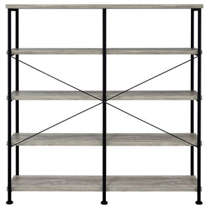 English Elm Antique Nutmeg Four Shelf Double Wide Bookcase with Industrial Pipe Metal Frame Grey B2777P535908