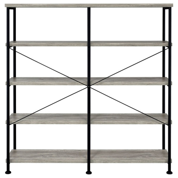 English Elm Antique Nutmeg Four Shelf Double Wide Bookcase with Industrial Pipe Metal Frame Grey B2777P535908