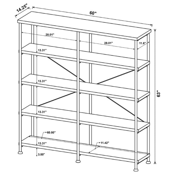 English Elm Antique Nutmeg Four Shelf Double Wide Bookcase with Industrial Pipe Metal Frame Grey B2777P535908
