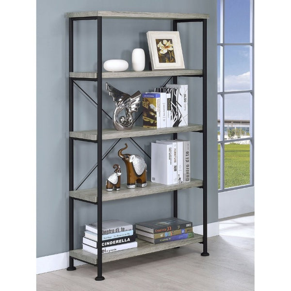 English Elm Antique Nutmeg Industrial Four Shelf Bookcase with Metal Frame for Home Office Grey B2777P535909