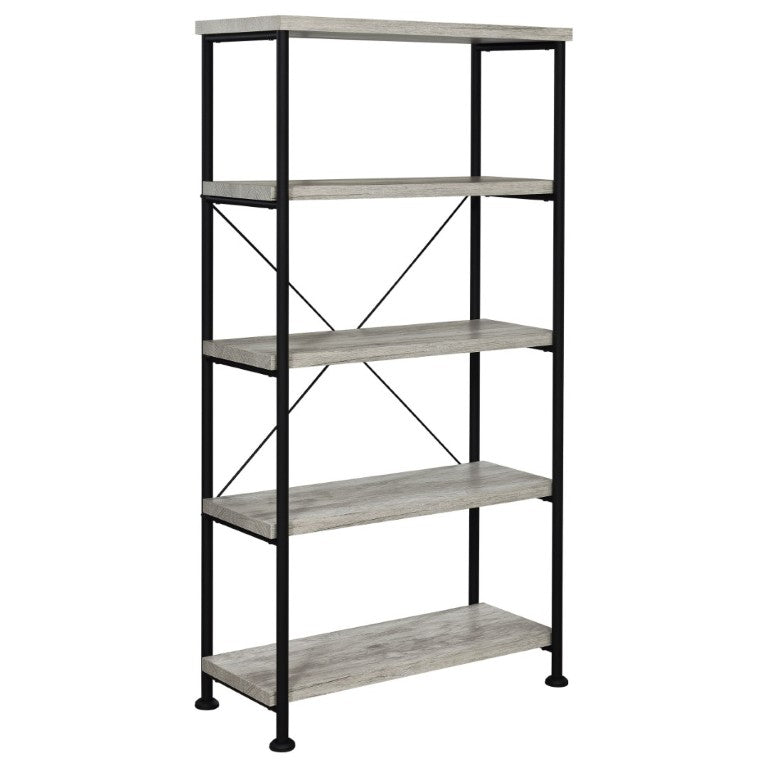 English Elm Antique Nutmeg Industrial Four Shelf Bookcase with Metal Frame for Home Office Grey B2777P535909