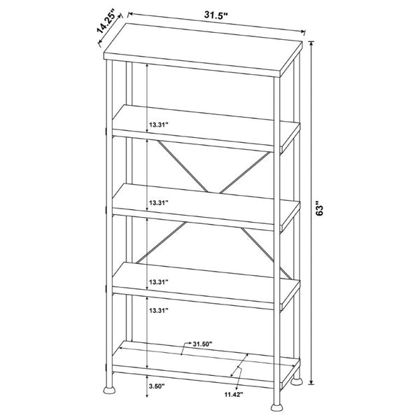 English Elm Antique Nutmeg Industrial Four Shelf Bookcase with Metal Frame for Home Office Grey B2777P535909