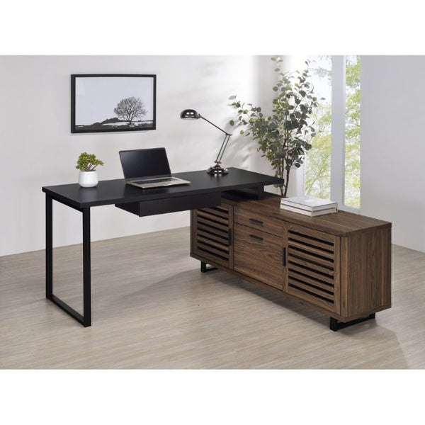 English Elm Rodger Two-Tone L-Shaped Executive Desk with Walnut Credenza and Metal Legs B2777P535910